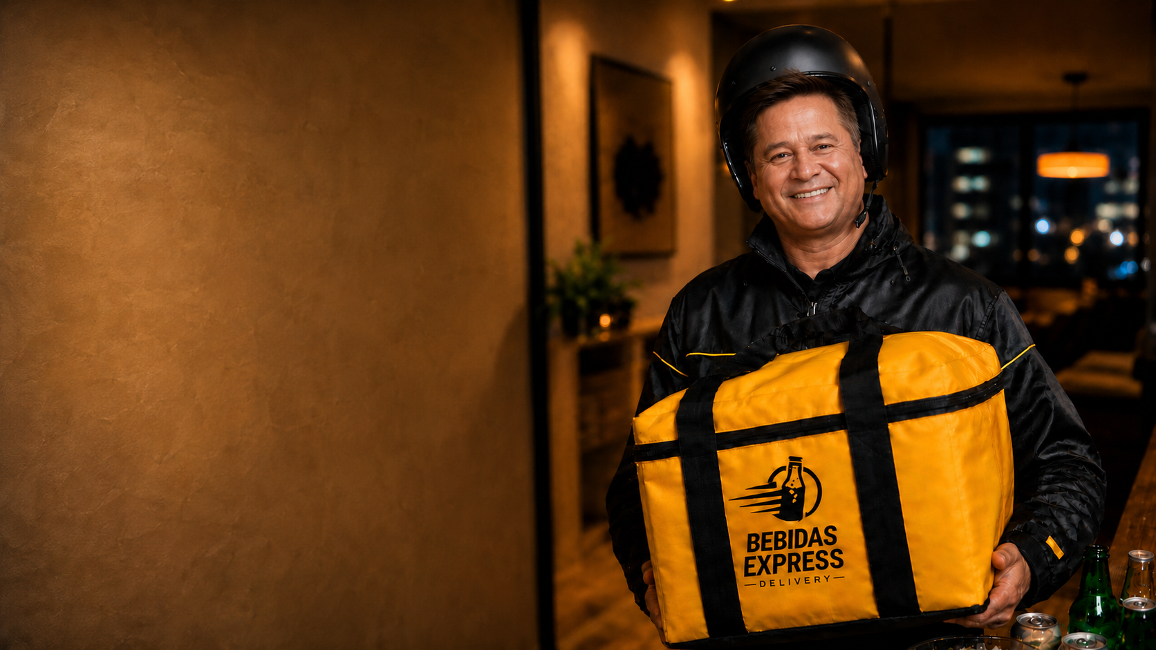 Entregador da Bebidas Express Delivery com bebidas geladas